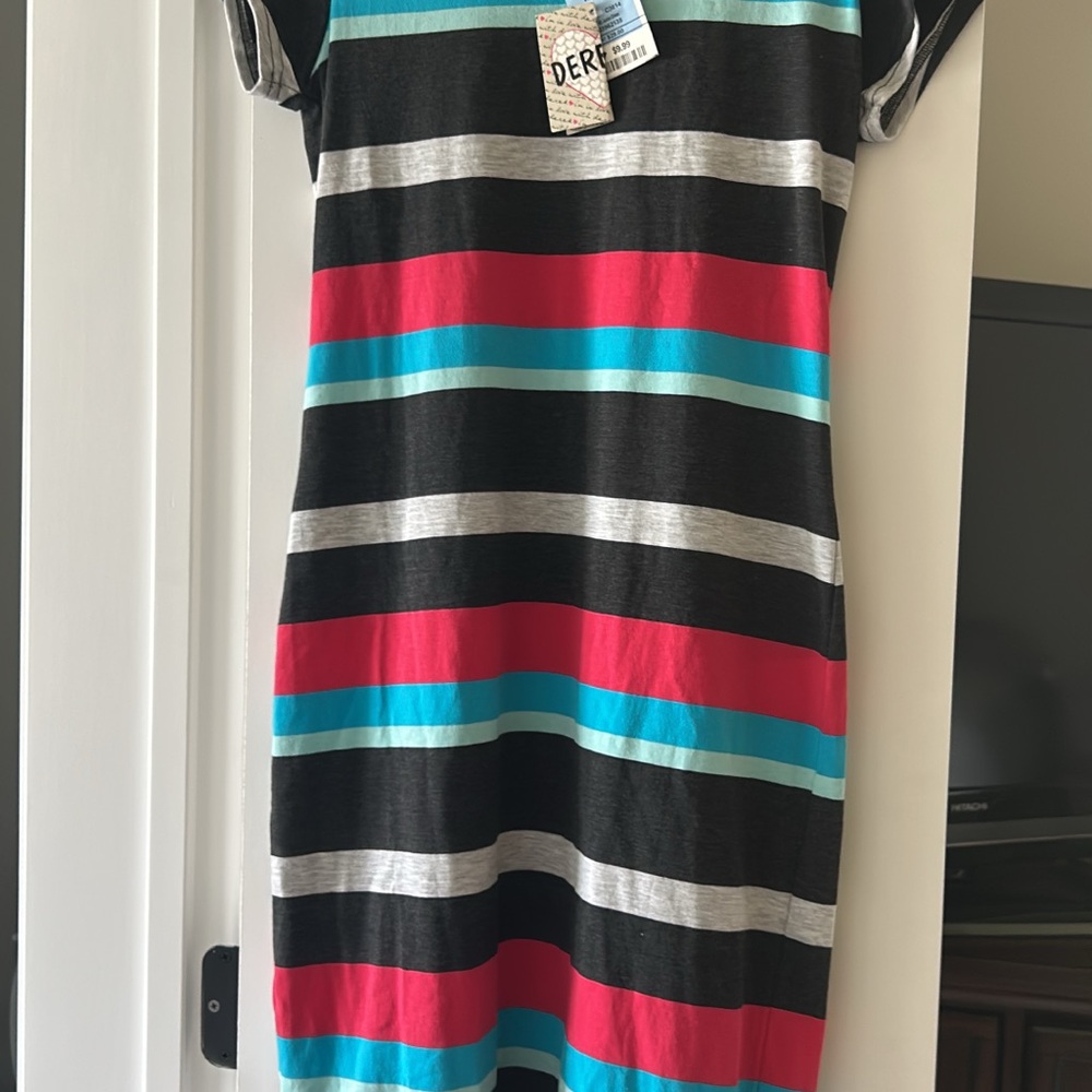Striped dark grey , coral , and Blue Dress